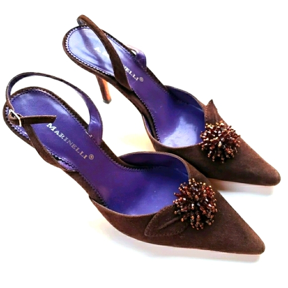 A. Marinelli Brown Suede Swarovski Crystal Flower Slingback Heels Size 6 - Picture 2 of 7